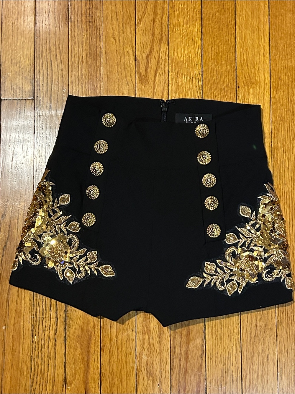 AKIRA Black High-Waist Shorts with Gold Floral Embroidery